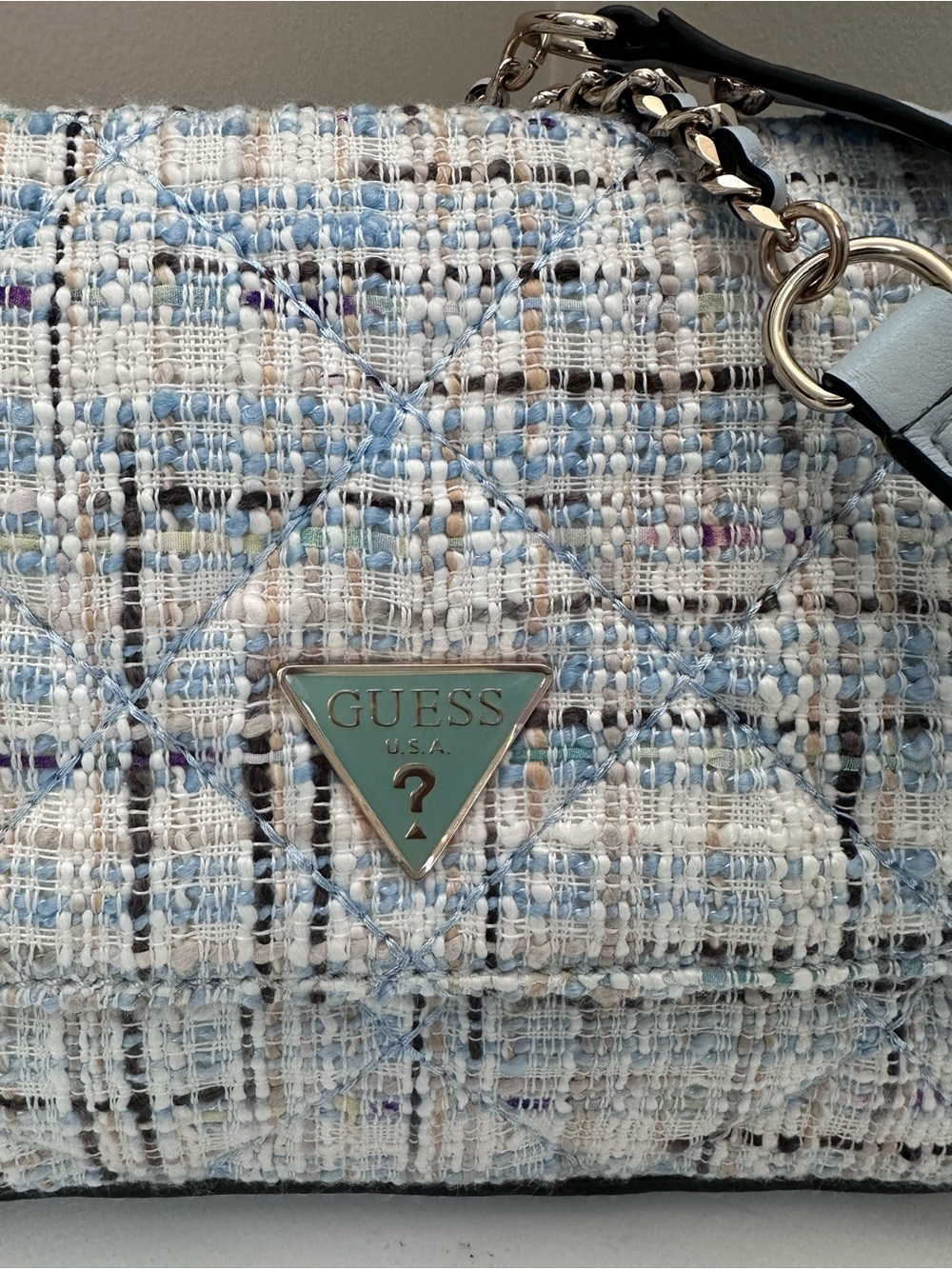 GUESS Light Blue Quilted Tweed Shoulder Bag with Chain Strap - Picture 2 of 7